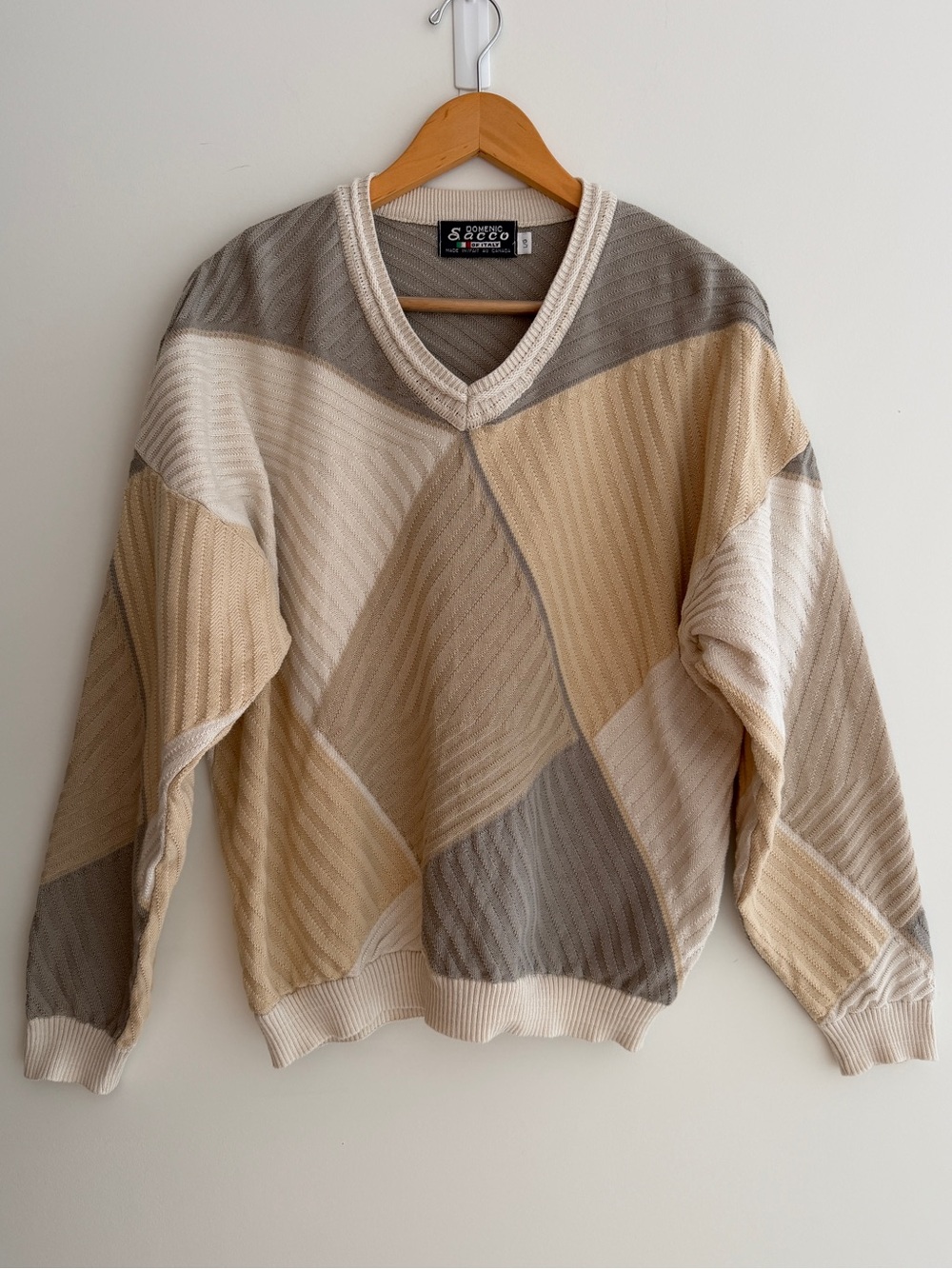 DOMENIC SACCO Vintage Sweater V-Neck Pullover Patchwork Colourblock Neutral Knit